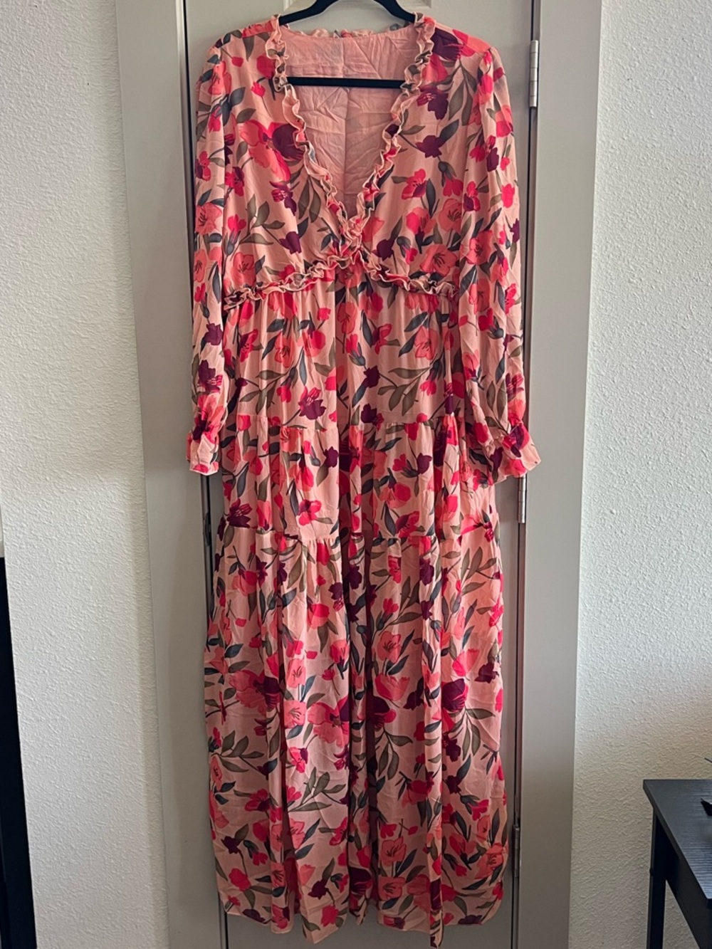 Amazon Pink Floral Ruffle V-Neck Maxi Dress